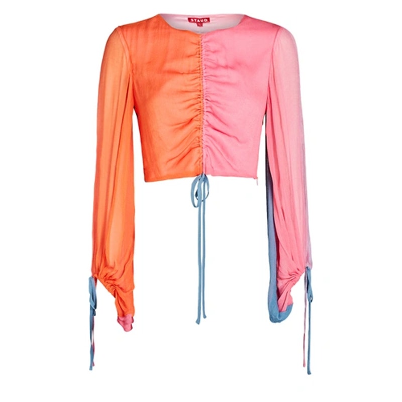 Staud Blossom Colorblock Ruched Sheer Crop Top Pink Orange Xs Festival Resort